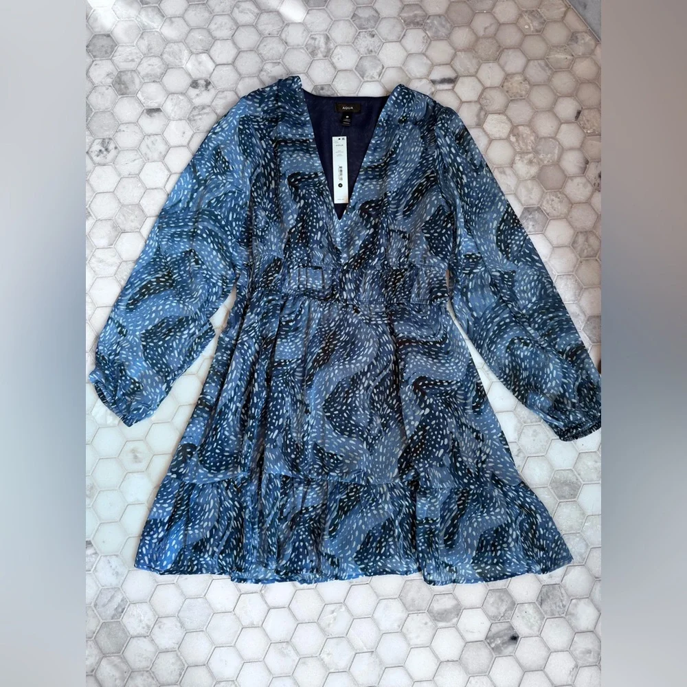 AQUA Blue Multi Print Long Sleeve Tiered Mini Dress Size M NWT - Picture 5 of 10